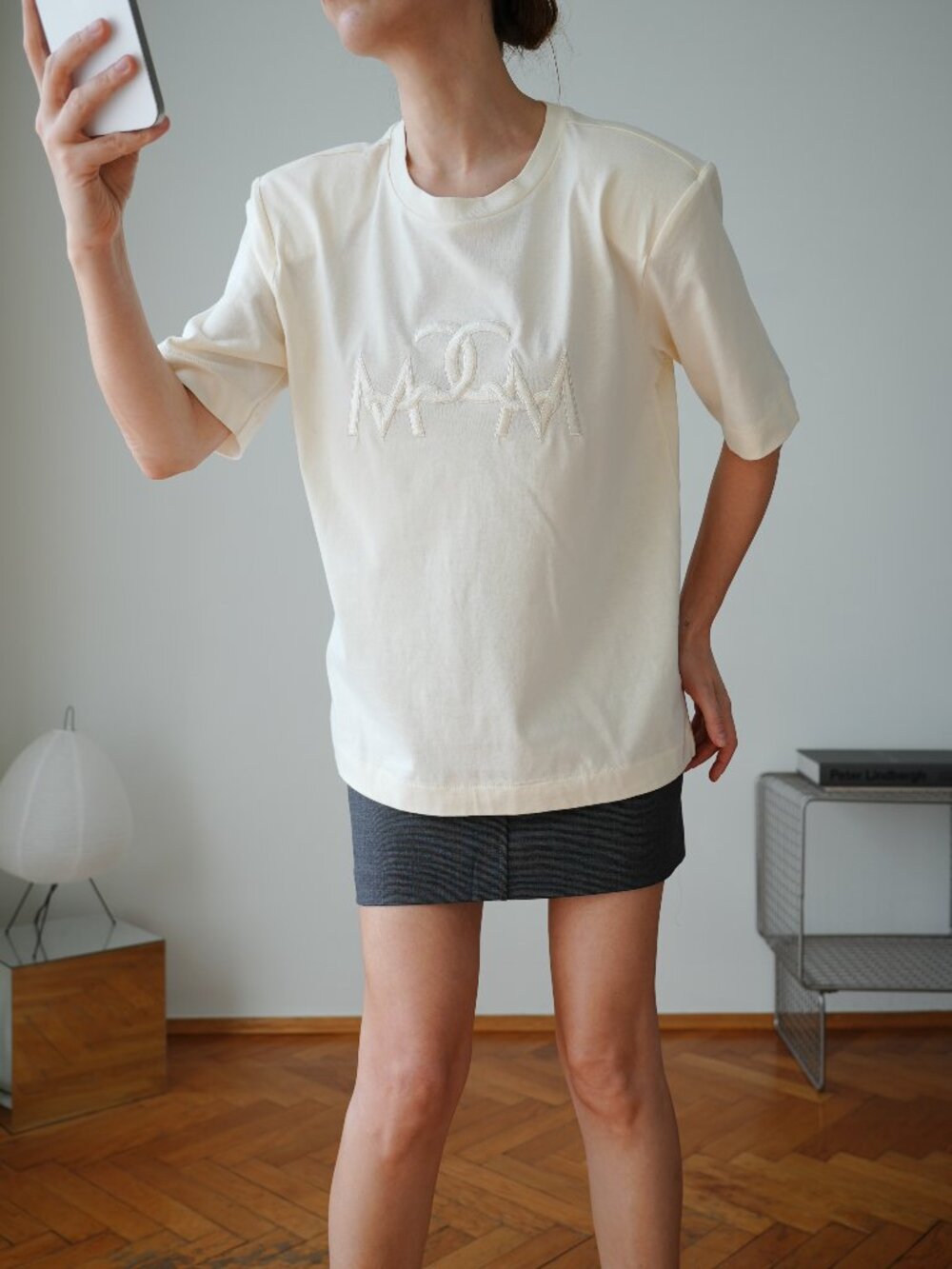 Copenhagen Muse Cream Organic Cotton Padded Shoulder Logo T-Shirt NWT